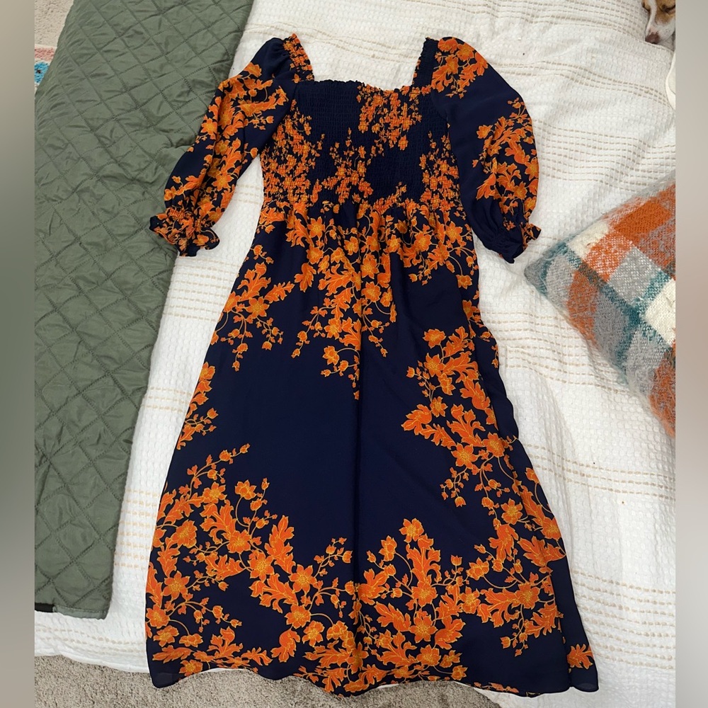 Nanette Lepore Navy and Orange Floral Long Sleeve Dress